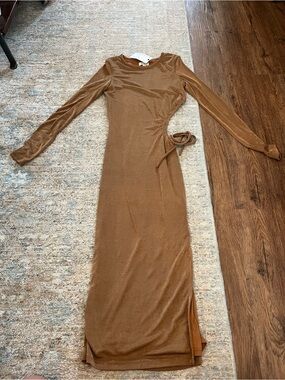 Labeye Long-Sleeve Side-Tie Maxi Dress in Camel Brown